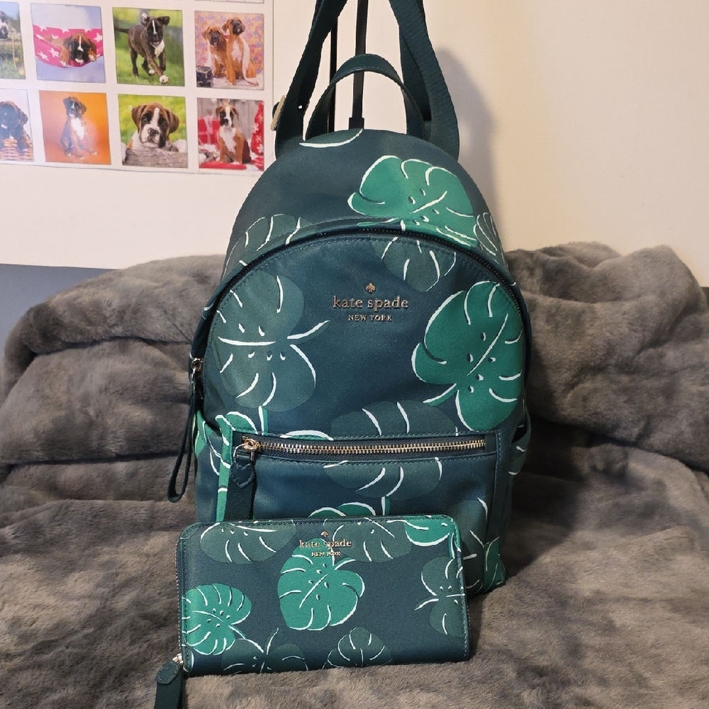 Kate Spade Teal and Green Leaf Backpack and Wallet